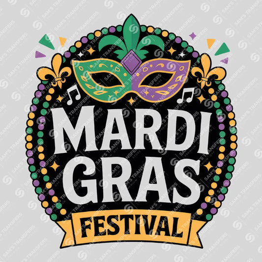 Apparel featuring a Mardi Gras Festival-themed DTF transfer.