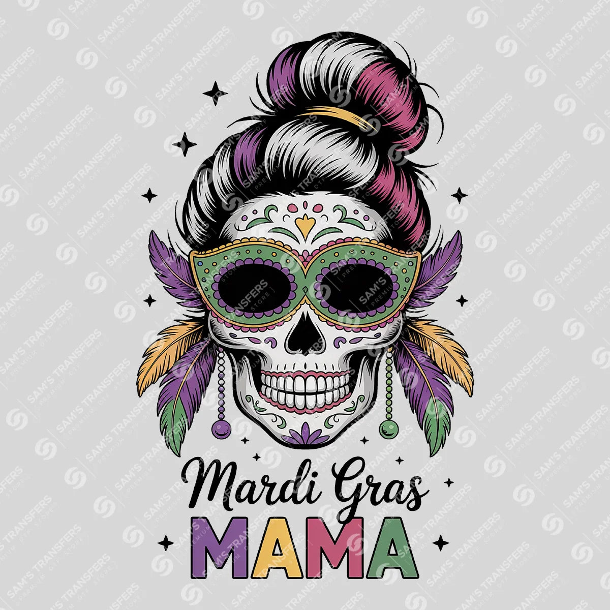 Apparel featuring a Mardi Gras Mama Skull-themed DTF transfer.