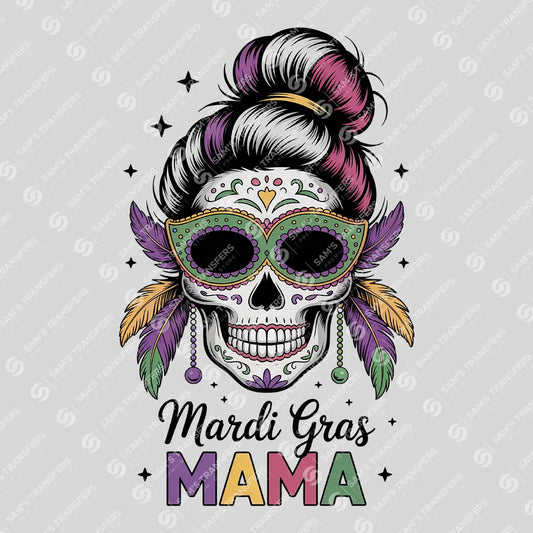Apparel featuring a Mardi Gras Mama Skull-themed DTF transfer.