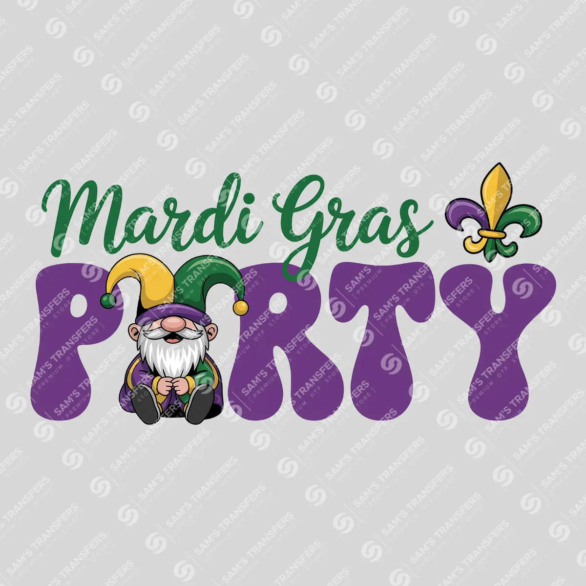 Apparel featuring a Mardi Gras Party Gnome-themed DTF transfer.