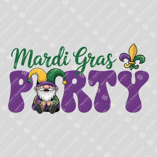 Apparel featuring a Mardi Gras Party Gnome-themed DTF transfer.