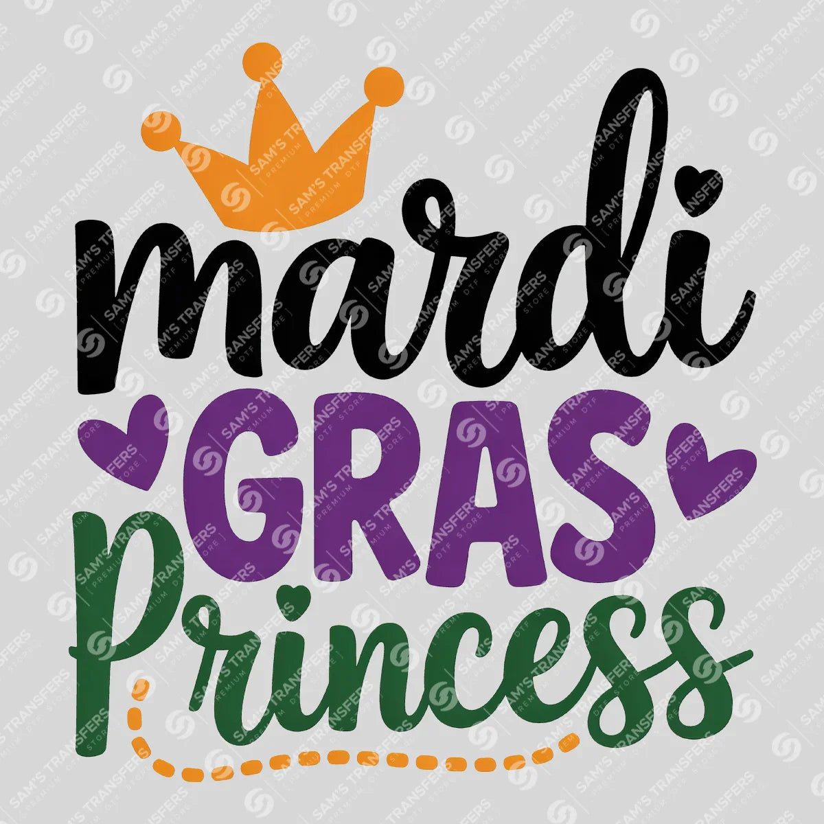 Apparel featuring a Mardi Gras Princess-themed DTF transfer.