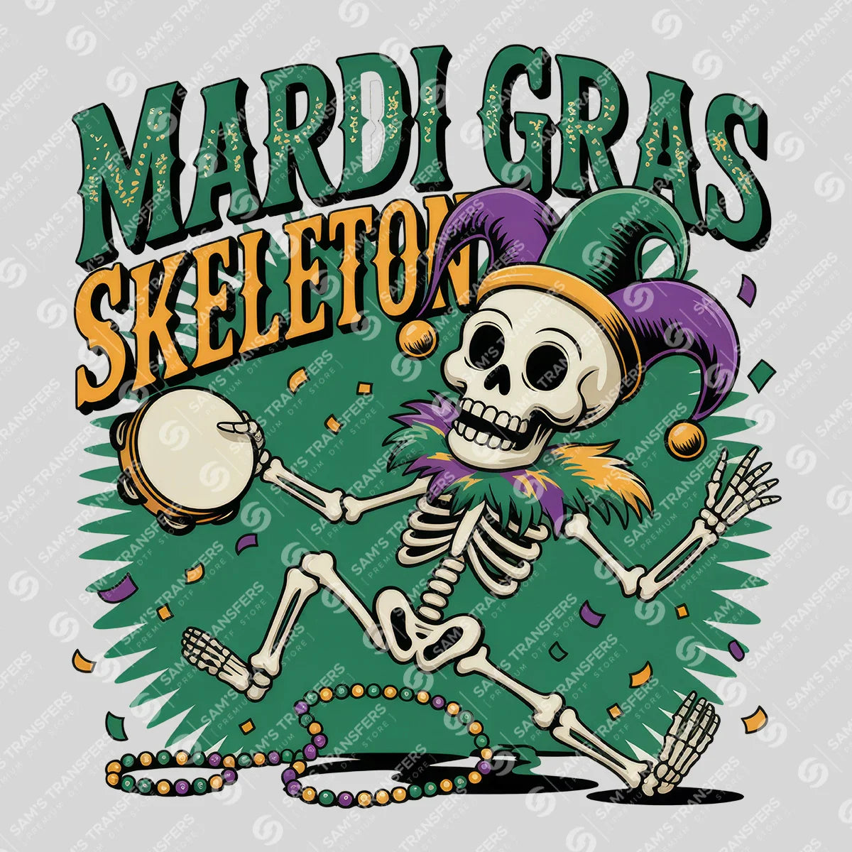 Apparel featuring a Mardi Gras Skeleton-themed DTF transfer.