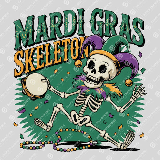 Apparel featuring a Mardi Gras Skeleton-themed DTF transfer.