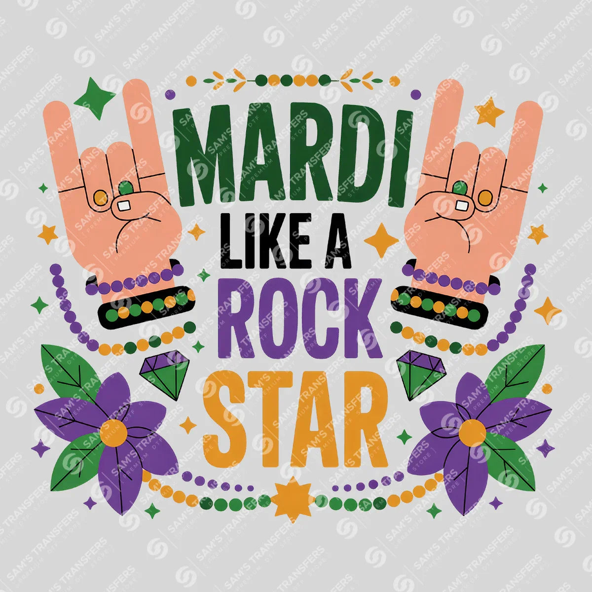 Apparel featuring a Mardi Like a Rock Star-themed DTF transfer.