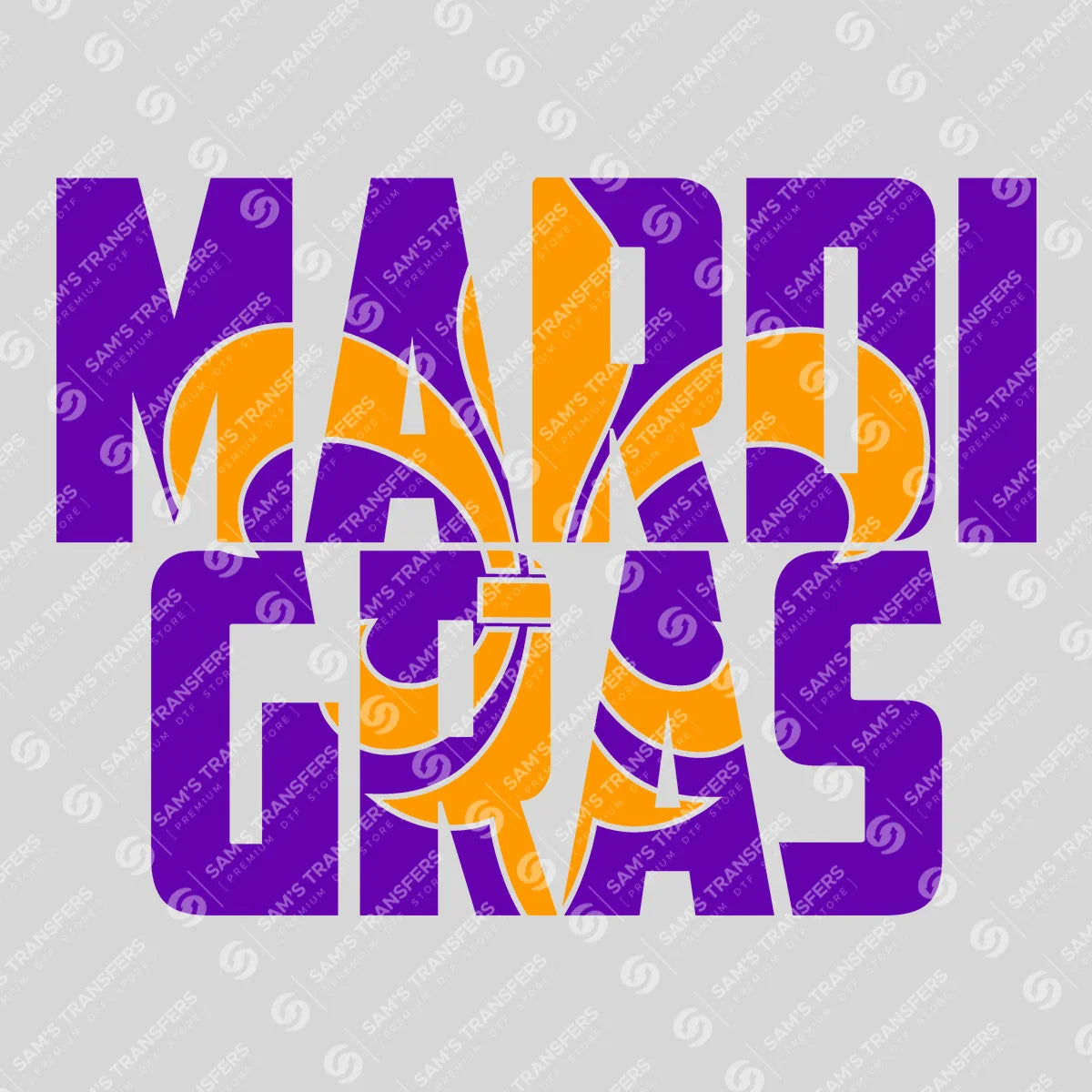 Apparel featuring a Mardi Gras-themed DTF transfer.