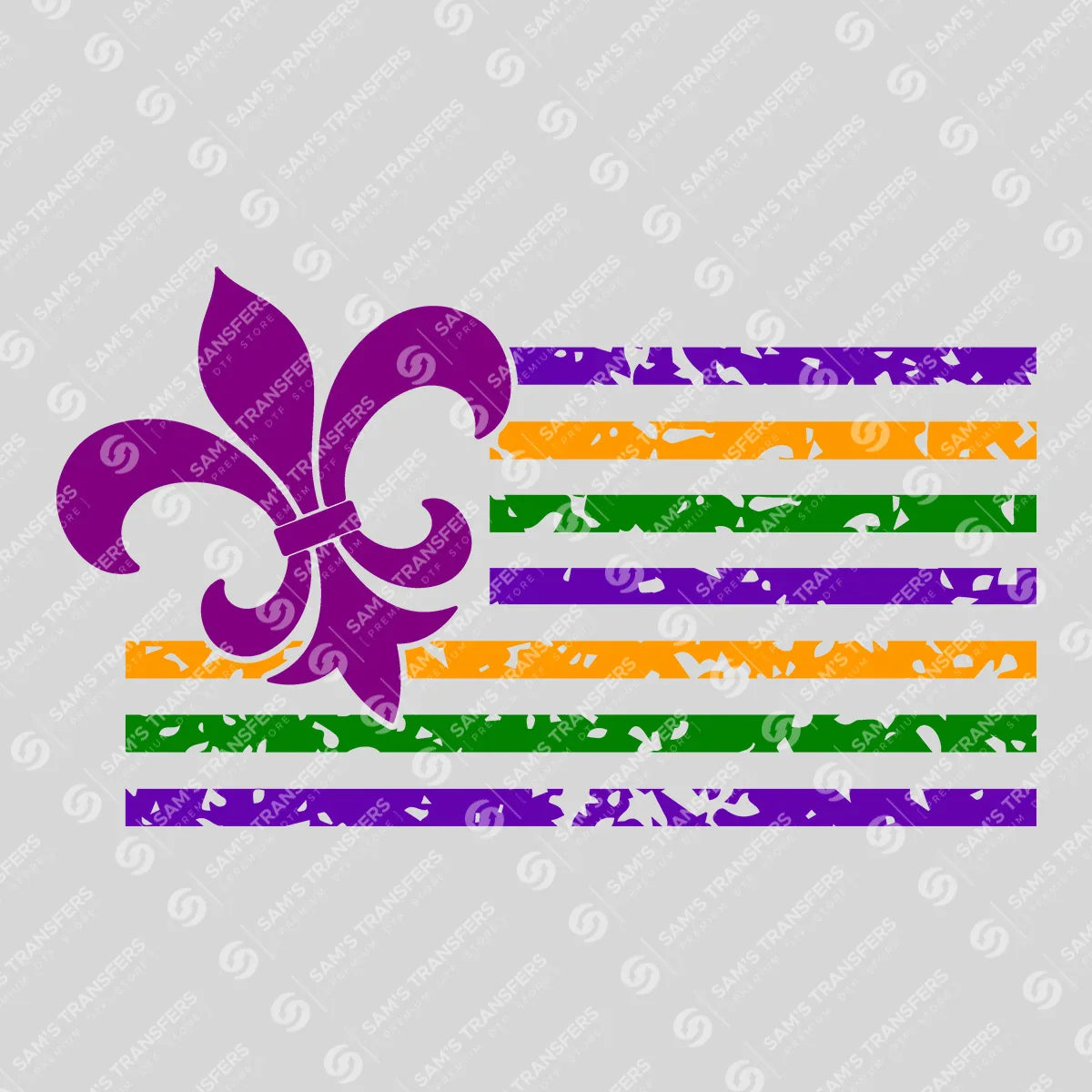 Apparel featuring a Mardi Gras Fleur De Lis Flag-themed DTF transfer.