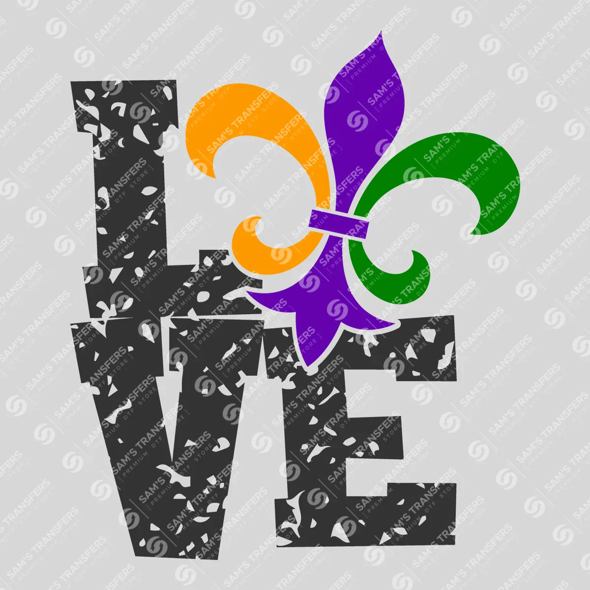 Apparel featuring a Mardi Gras Love-themed DTF transfer.