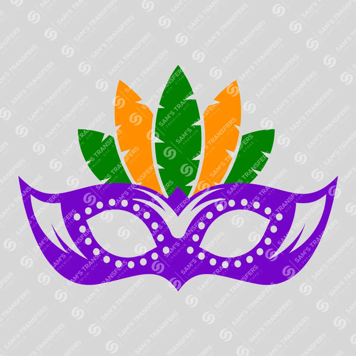 Apparel featuring a Mardi Gras Mask-themed DTF transfer.