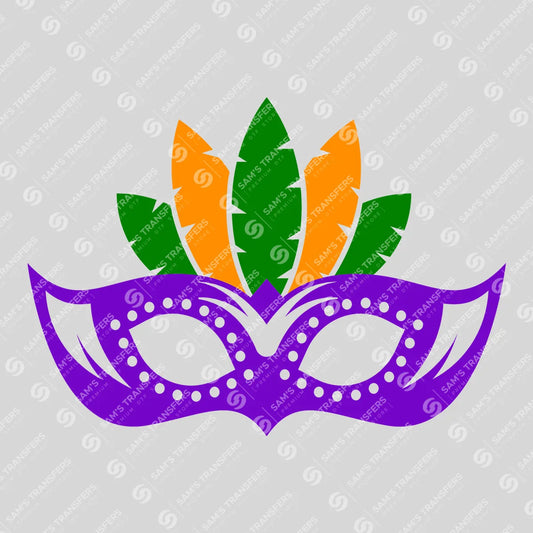 Apparel featuring a Mardi Gras Mask-themed DTF transfer.