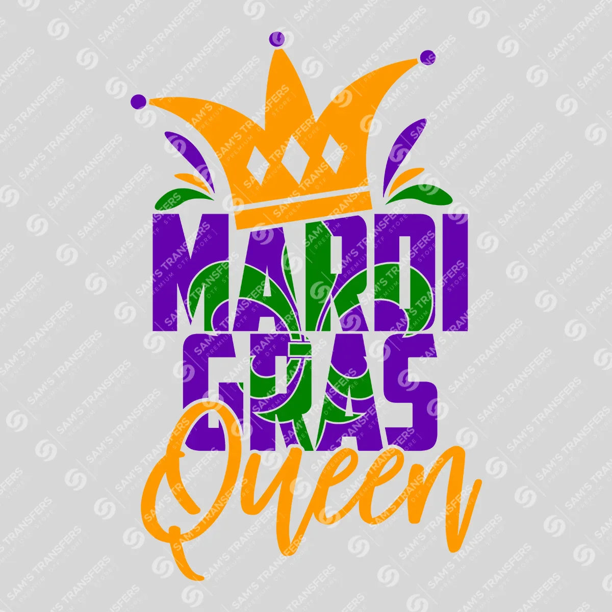 Apparel featuring a Mardi Gras Queen-themed DTF transfer.
