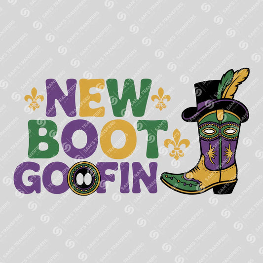Apparel featuring a Mardi Gras Cowboy Boots-themed DTF transfer.