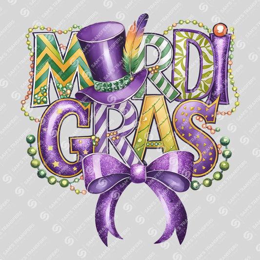 Apparel featuring a Mardi Gras Top Hat-themed DTF transfer.