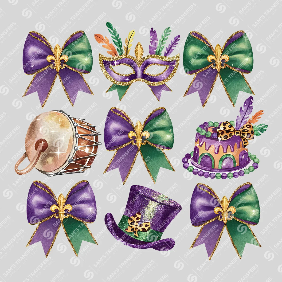 Apparel featuring a Mardi Gras Set-themed DTF transfer.