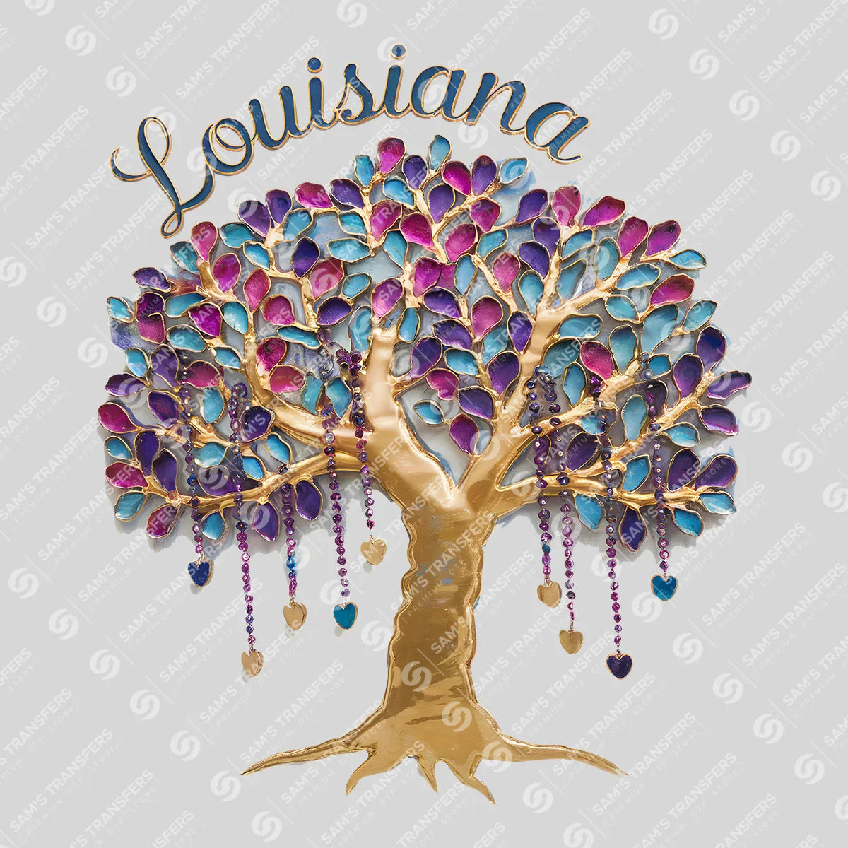 Apparel featuring a Louisiana Mardi Gras Tree-themed DTF transfer.