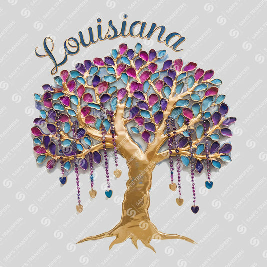 Apparel featuring a Louisiana Mardi Gras Tree-themed DTF transfer.