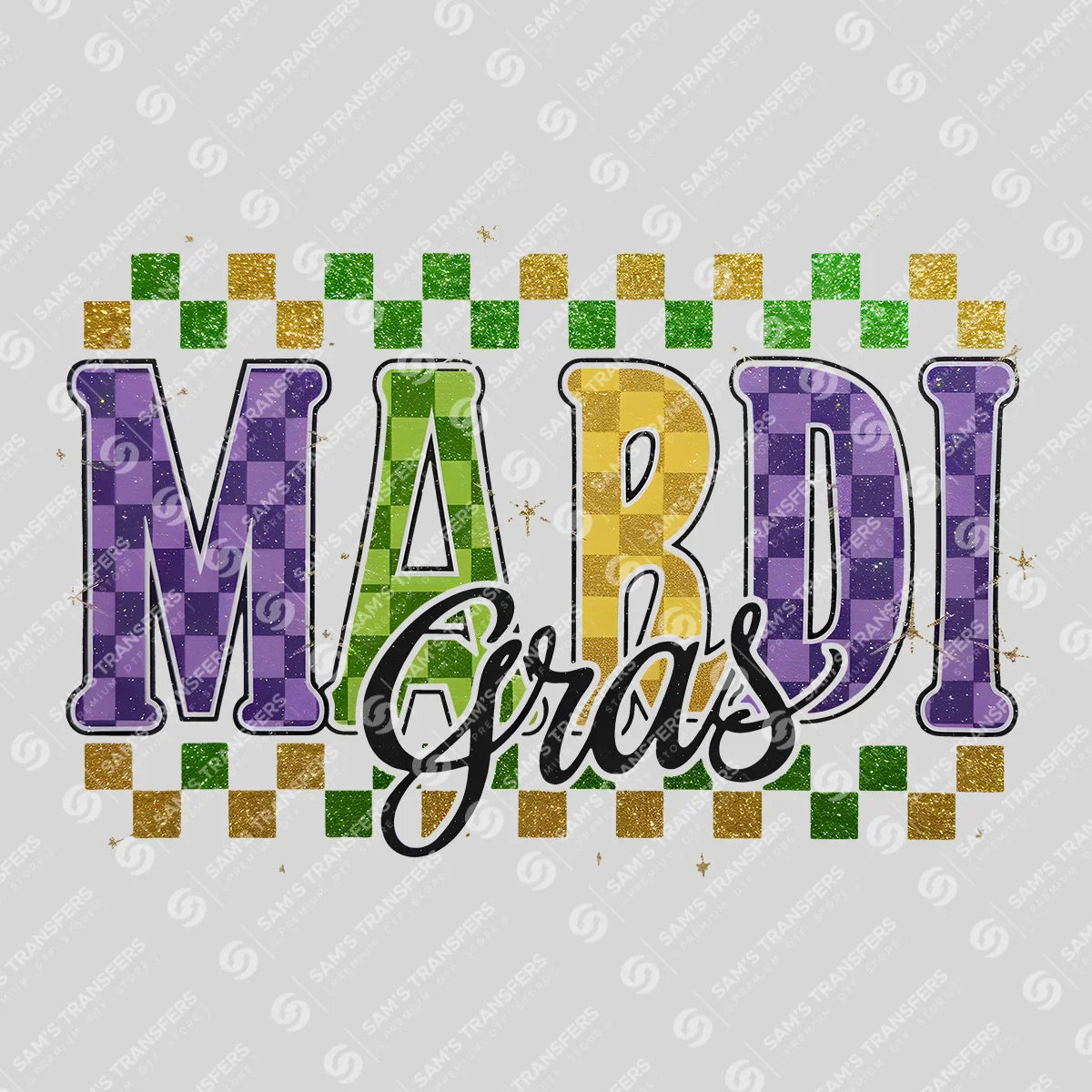 Apparel featuring a Mardi Gras Checkered-themed DTF transfer.