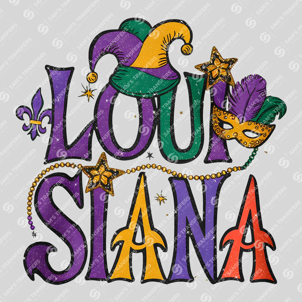 Apparel featuring a Louisiana Mardi Gras-themed DTF transfer.