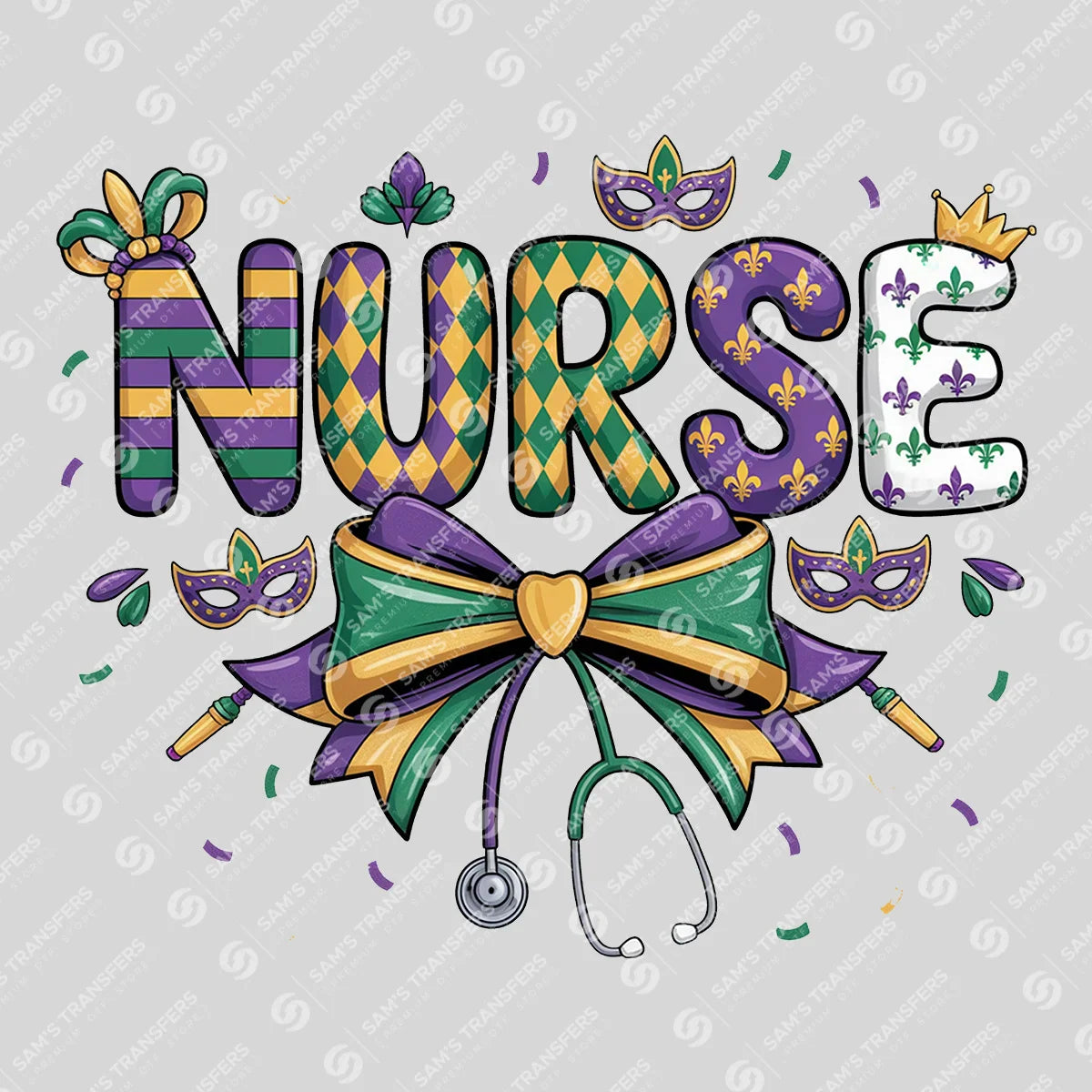 Apparel featuring a Mardi Gras Nurse-themed DTF transfer.