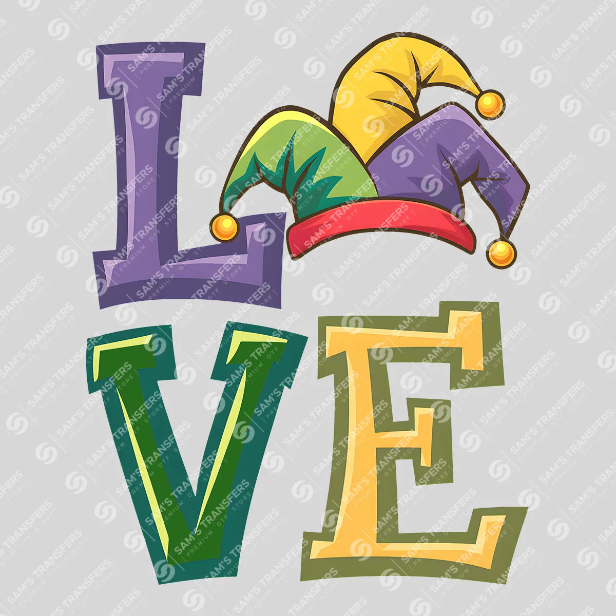 Apparel featuring a Love Jester Hat-themed DTF transfer.