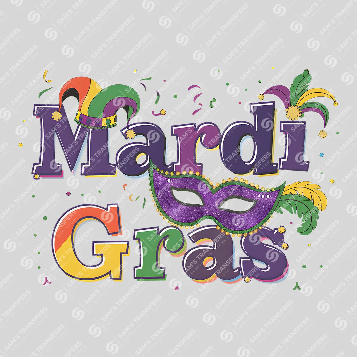 Apparel featuring a Mardi Gras Jester-themed DTF transfer.