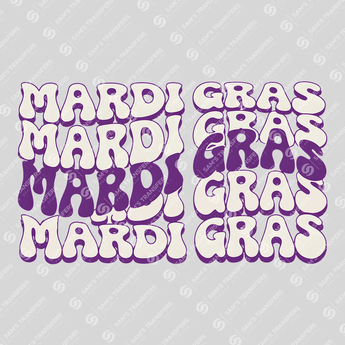 Apparel featuring a Mardi Gras Retro Stack-themed DTF transfer.