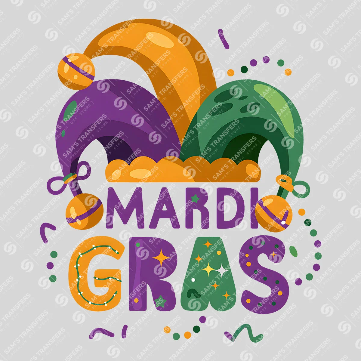 Apparel featuring a Mardi Gras Jester Hat-themed DTF transfer.