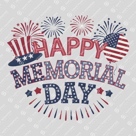 Apparel featuring a Happy Memorial Day Fireworks-themed DTF transfer.
