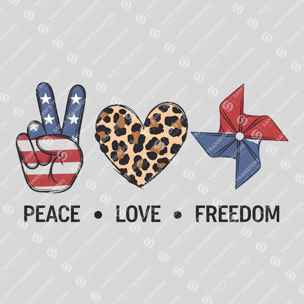 Apparel featuring a Peace Love Freedom Pinwheel-themed DTF transfer.