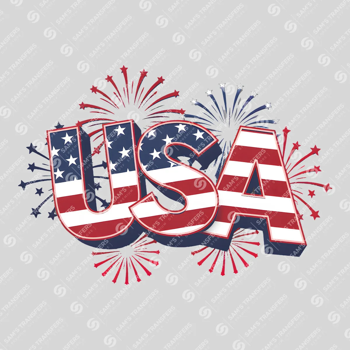 Apparel featuring a USA Fireworks-themed DTF transfer.