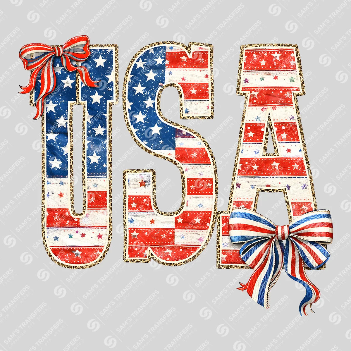 Apparel featuring a USA Leopard Bow-themed DTF transfer.