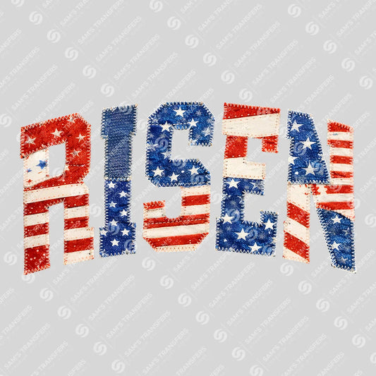 Apparel featuring a Risen American Flag-themed DTF transfer.
