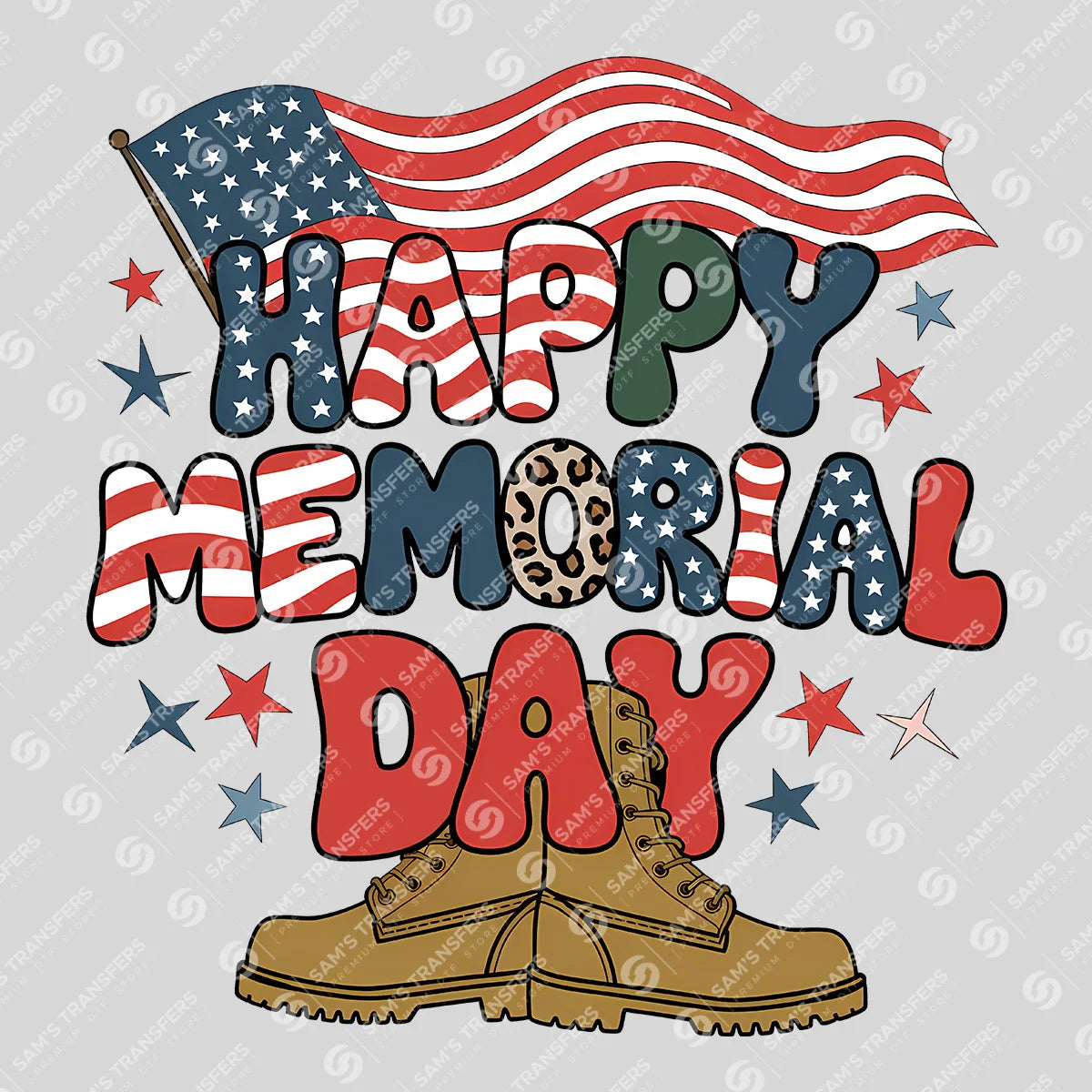 Apparel featuring a Happy Memorial Day Boots-themed DTF transfer.