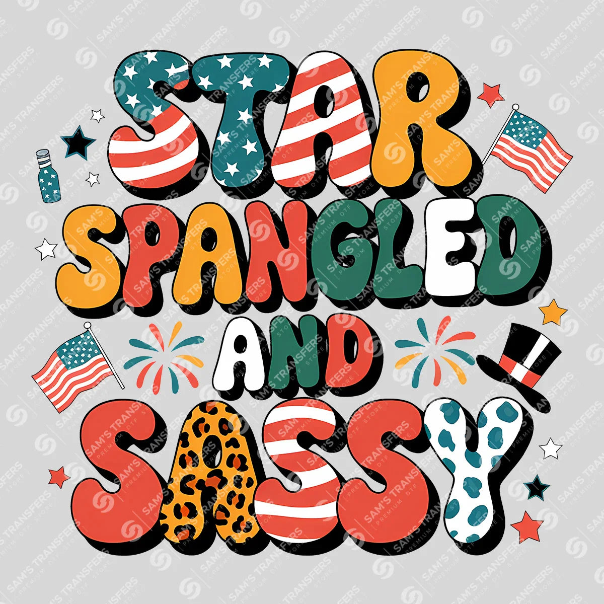 Apparel featuring a Star Spangled and Sassy-themed DTF transfer.