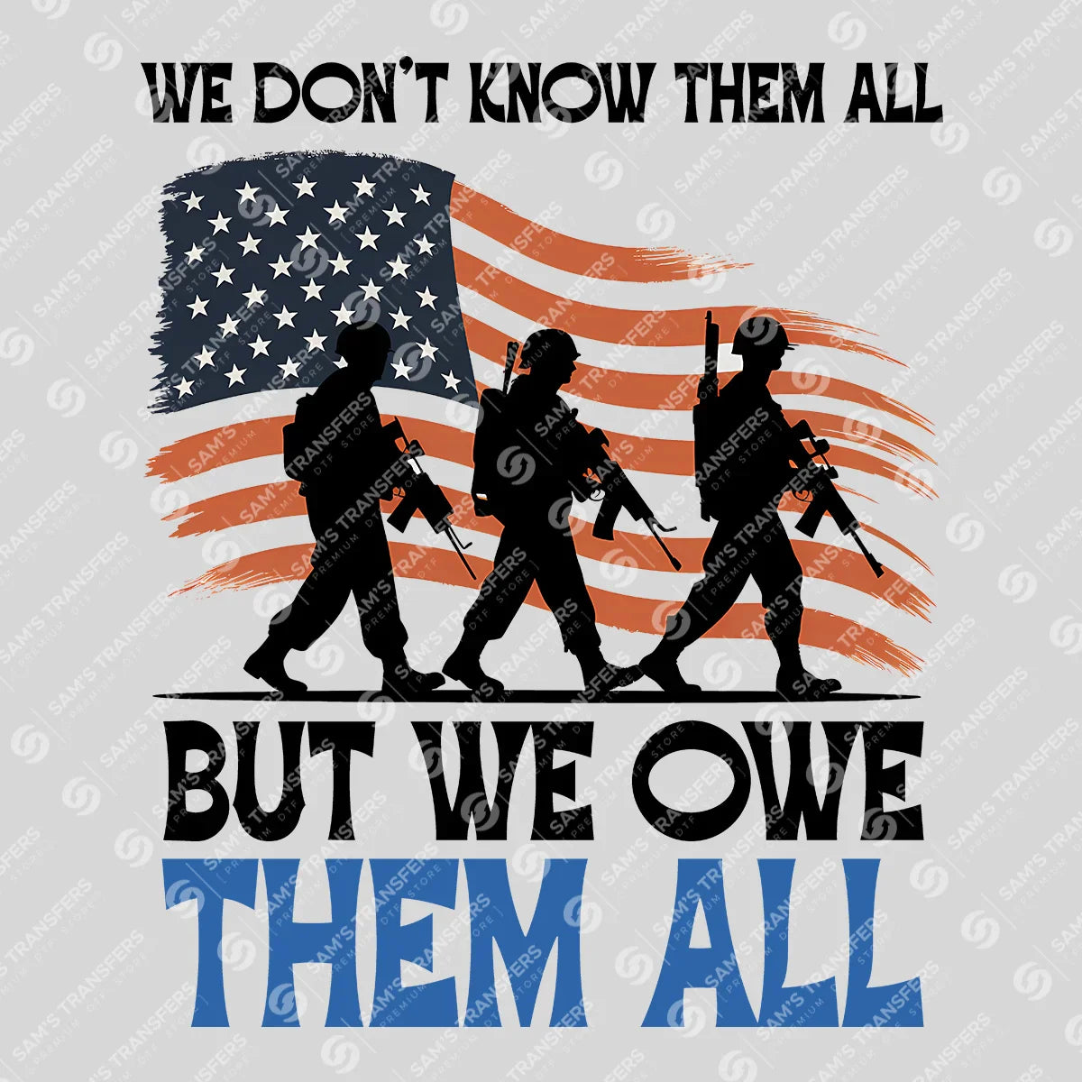 Apparel featuring a We Owe Them All-themed DTF transfer.