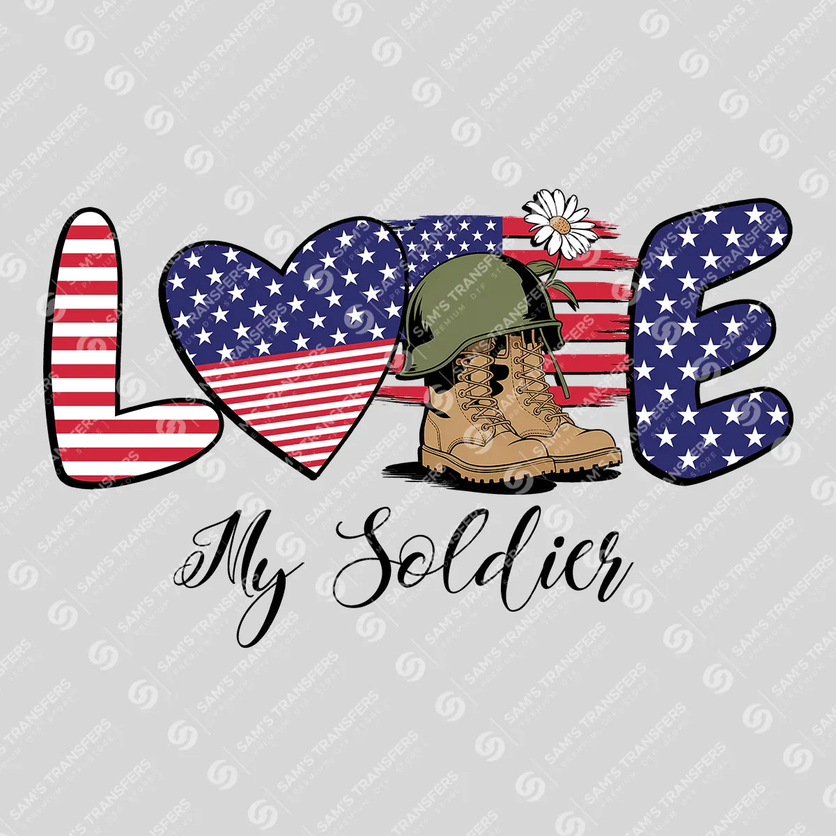 Apparel featuring a Love My Soldier-themed DTF transfer.