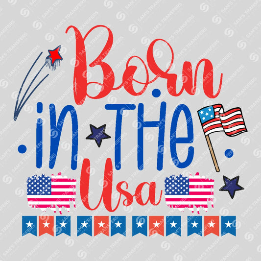 Apparel featuring a Born in the USA-themed DTF transfer.