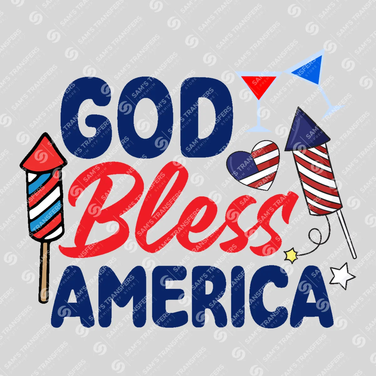 Apparel featuring a God Bless America Fireworks-themed DTF transfer.