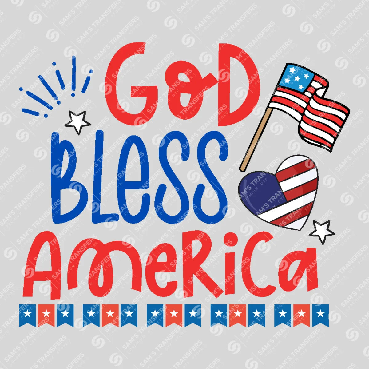 Apparel featuring a God Bless America Flag-themed DTF transfer.