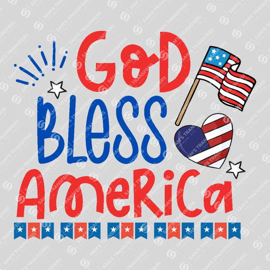 Apparel featuring a God Bless America Flag-themed DTF transfer.