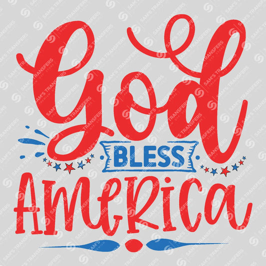 Apparel featuring a God Bless America Cursive-themed DTF transfer.