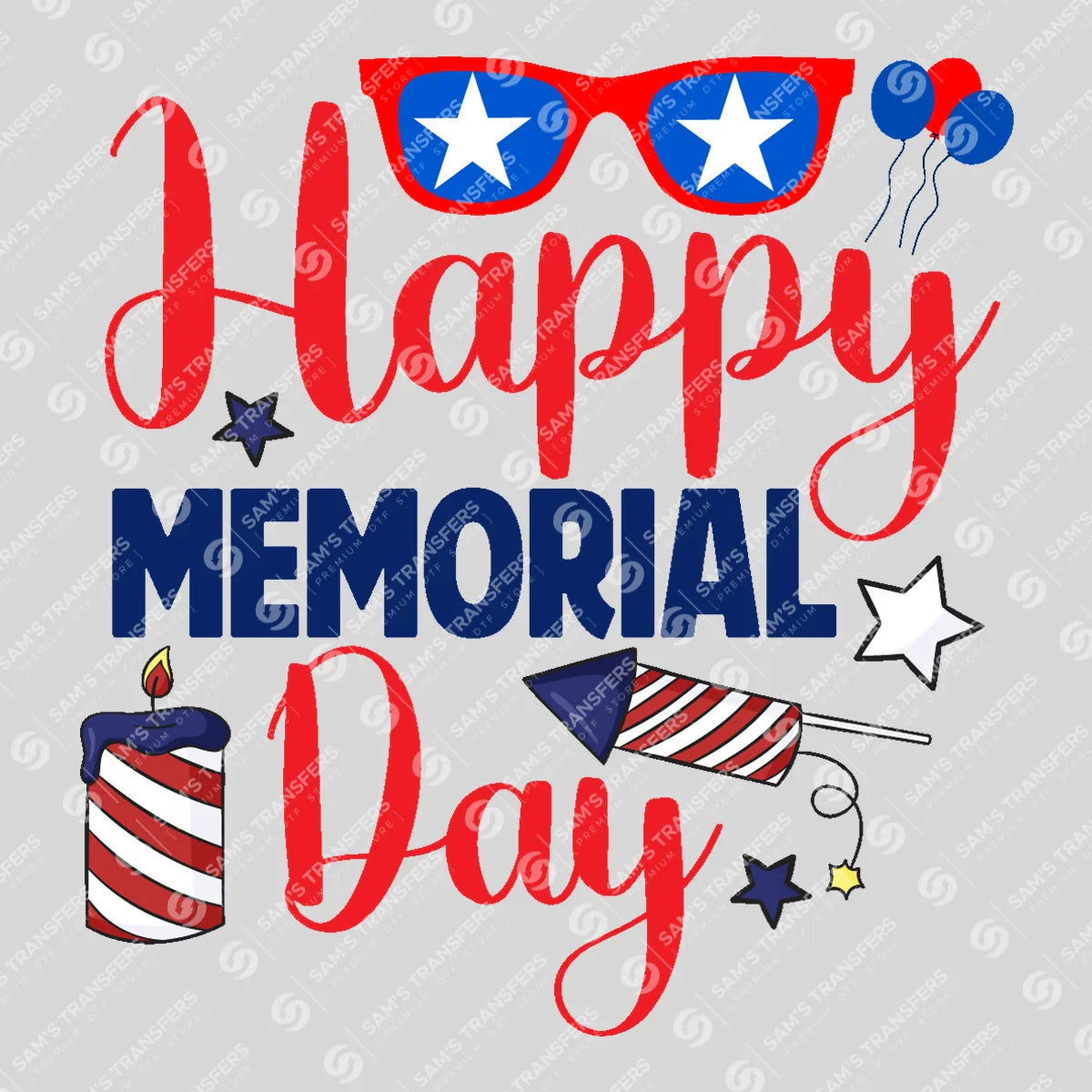 Apparel featuring a Happy Memorial Day Sunglasses-themed DTF transfer.