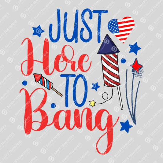 Apparel featuring a Just Here to Bang-themed DTF transfer.