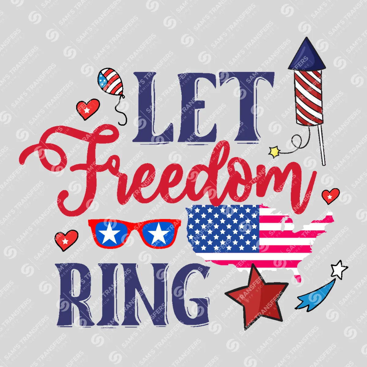 Apparel featuring a Let Freedom Ring Sunglasses-themed DTF transfer.