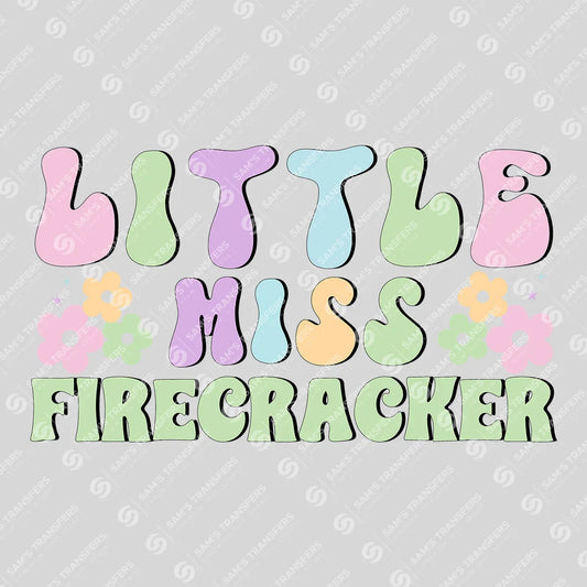Apparel featuring a Little Miss Firecracker-themed DTF transfer.