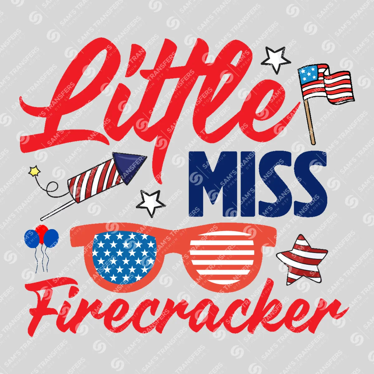 Apparel featuring a Little Miss Firecracker Sunglasses-themed DTF transfer.