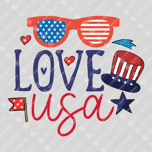 Apparel featuring a Love USA-themed DTF transfer.
