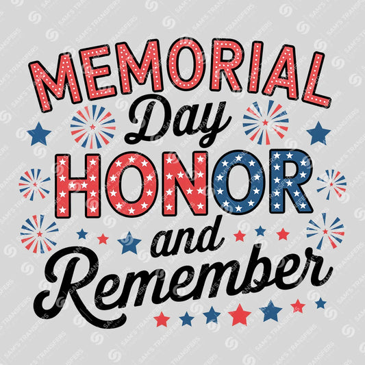 Apparel featuring a Memorial Day Honor and Remember Fireworks-themed DTF transfer.