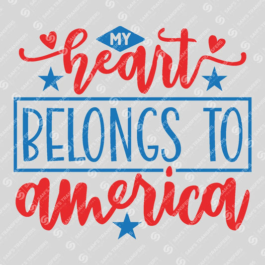 Apparel featuring a My Heart Belongs to America Boxed-themed DTF transfer.