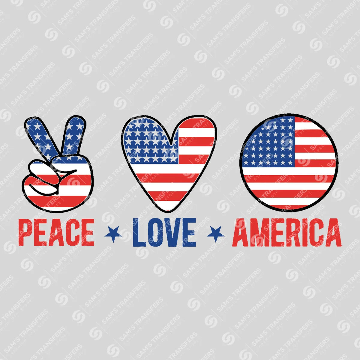 Apparel featuring a Peace Love America-themed DTF transfer.